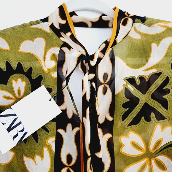 Zara Olive Green Printed Long Sleeve Top Neck Tie with Beading Size Small - Picture 8 of 12